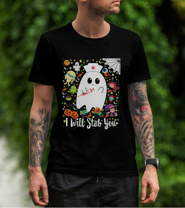 I Will Stab You Funny Halloween Ghost Nurse With Syringe Surrounded By Monsters Pumpkins And Web T-Shirt