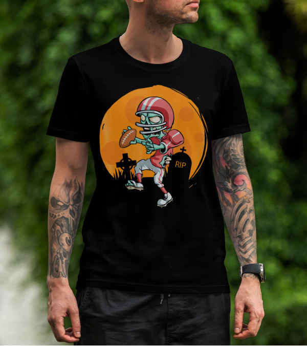 Zombie Football Player Halloween Graveyard Scene T-Shirt
