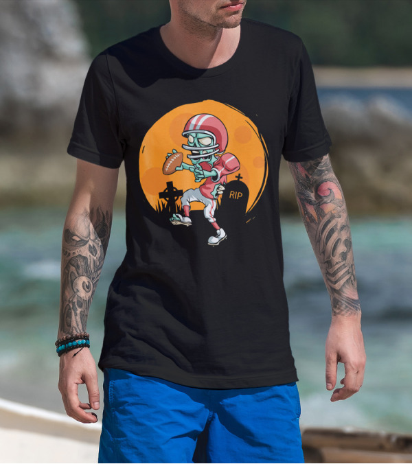 Zombie Football Player Halloween Graveyard Scene T-Shirt
