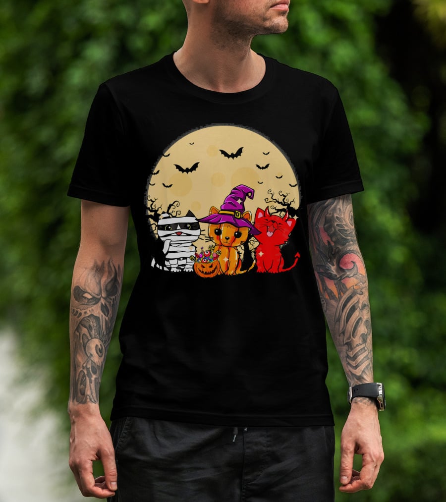 Three Cats Halloween Moon Bats Mummy Witch Devil T-Shirt