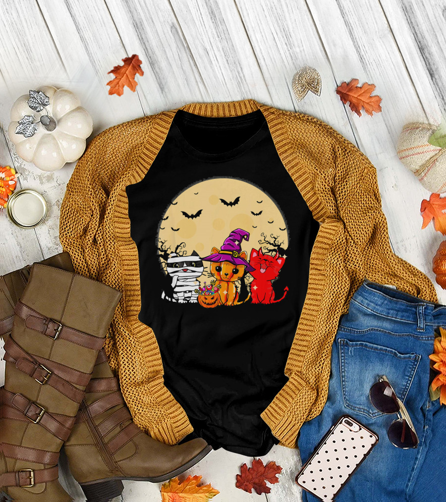 Three Cats Halloween Moon Bats Mummy Witch Devil T-Shirt