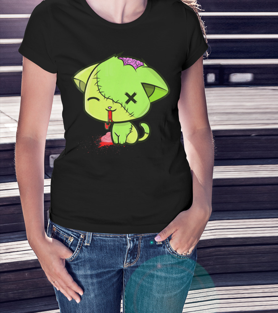 Cute Zombkitty Green Zombie Kitten Neon Brain T-Shirt