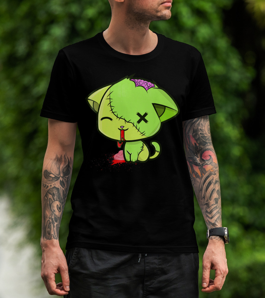 Cute Zombkitty Green Zombie Kitten Neon Brain T-Shirt