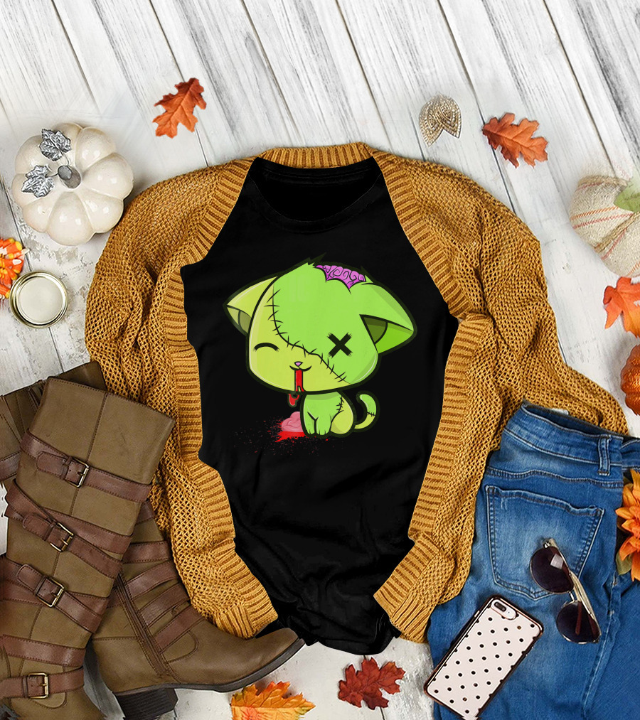 Cute Zombkitty Green Zombie Kitten Neon Brain T-Shirt
