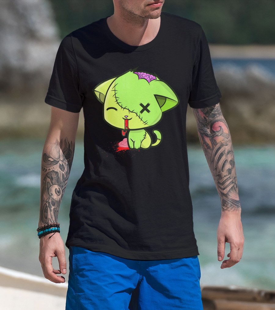 Cute Zombkitty Green Zombie Kitten Neon Brain T-Shirt