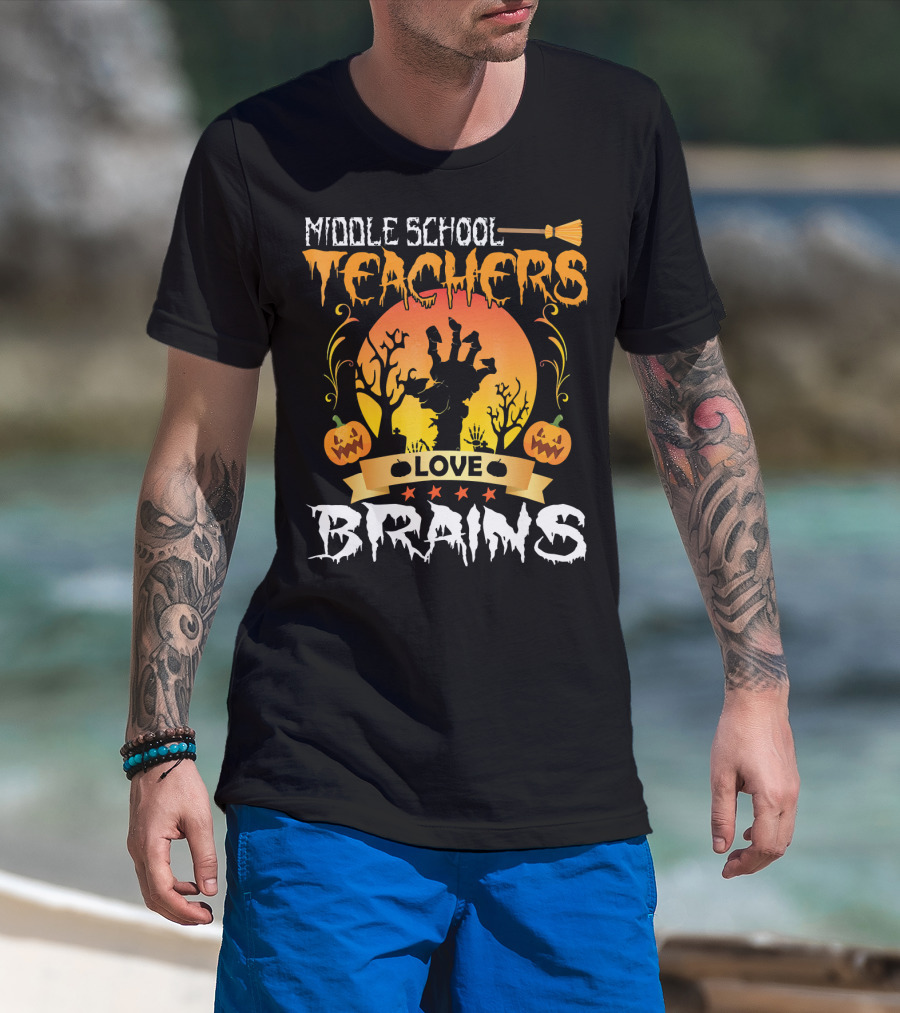 Middle School Teachers Love Brains Moon Tomb Pumpkin T-Shirt