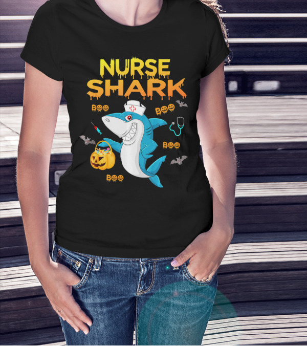 Nurse Shark Halloween Boo Pumpkin Bats Stethoscope T-Shirt