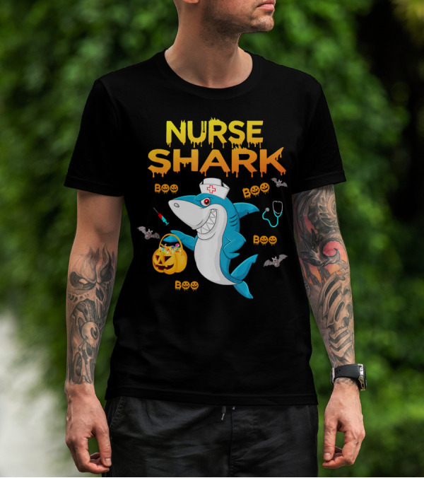 Nurse Shark Halloween Boo Pumpkin Bats Stethoscope T-Shirt