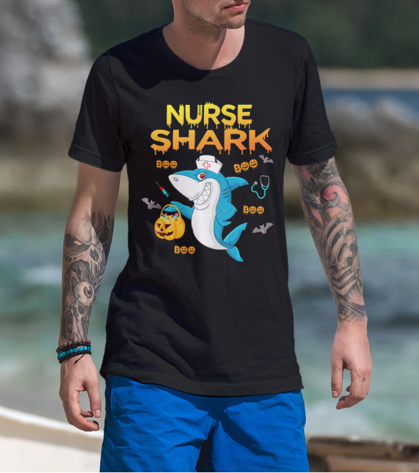 Nurse Shark Halloween Boo Pumpkin Bats Stethoscope T-Shirt