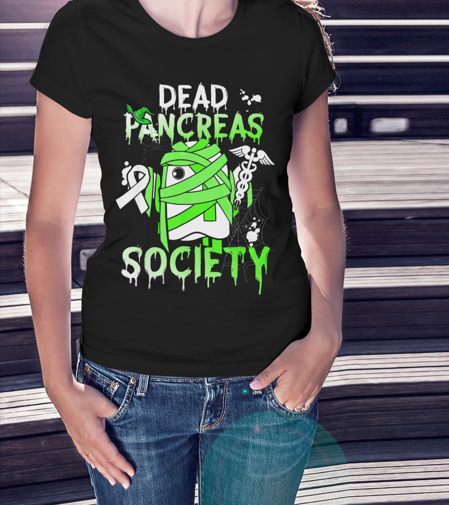 Dead Pancreas Society Halloween Ghost Design With Green Mummy And Medical Symbols T-Shirt