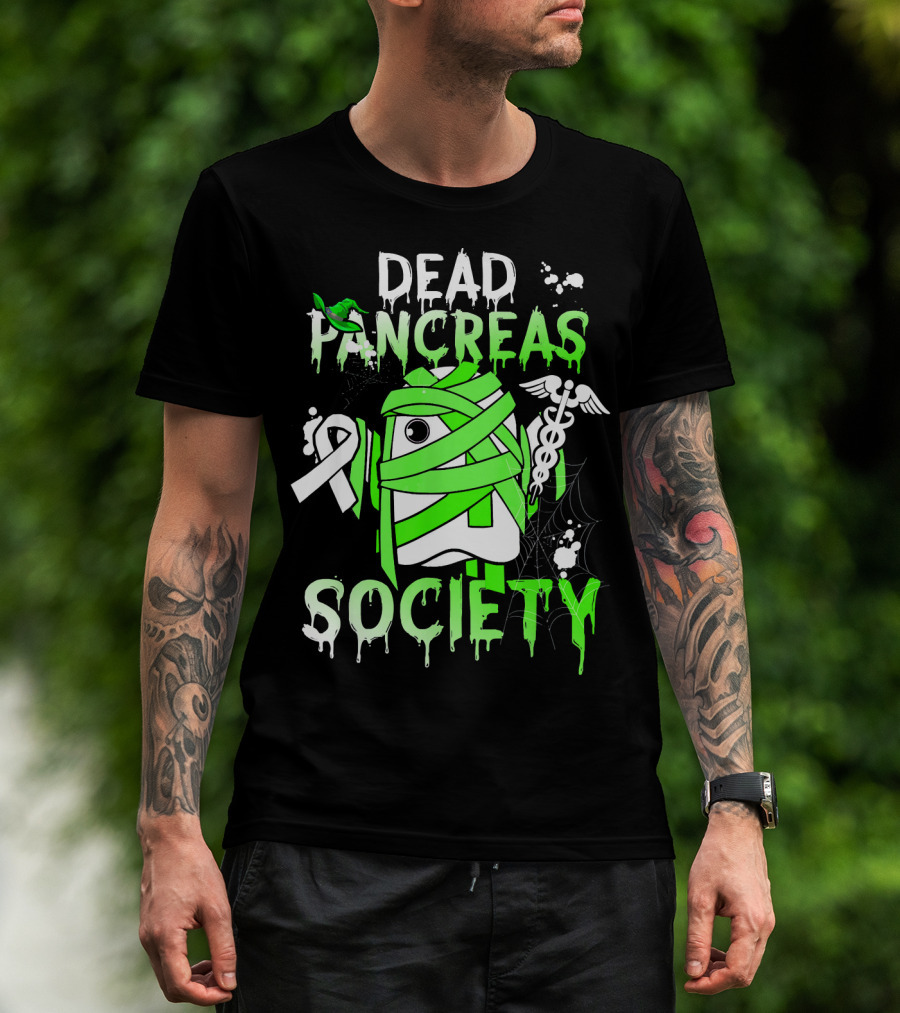 Dead Pancreas Society Halloween Ghost Design With Green Mummy And Medical Symbols T-Shirt
