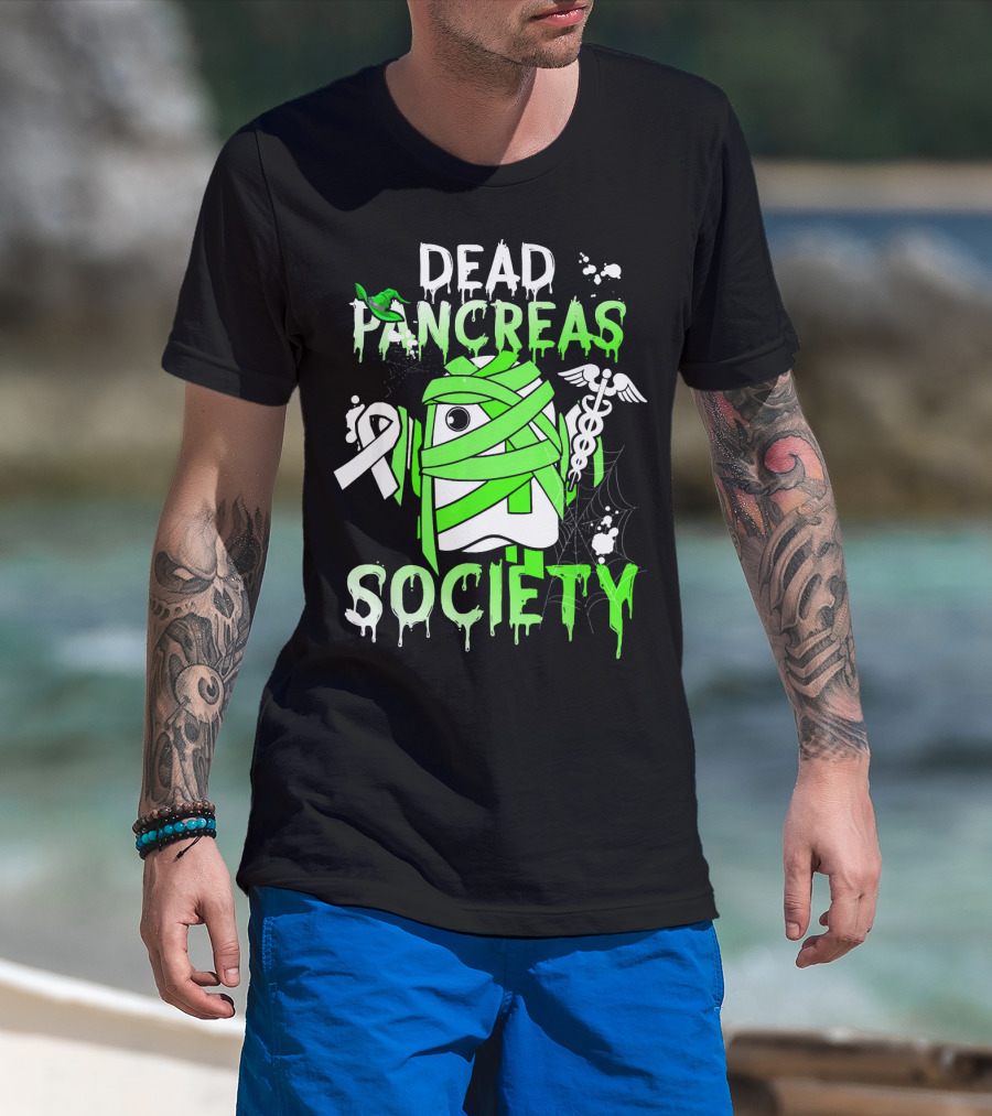 Dead Pancreas Society Halloween Ghost Design With Green Mummy And Medical Symbols T-Shirt