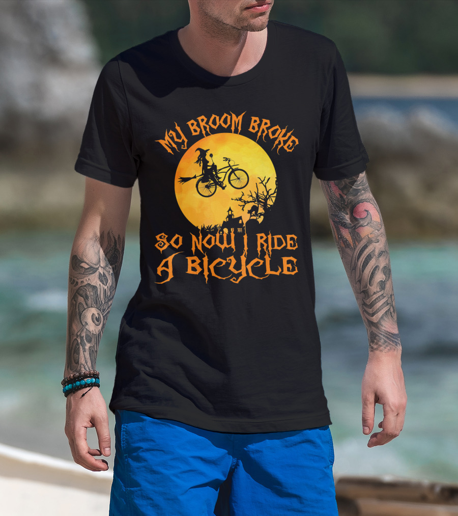 My Broom Broke So Now I Ride A Bicycle Witch Silhouette Full Moon Spooky Scene T-Shirt