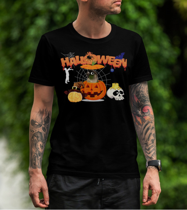 Halloween Green Cheek Conure Pumpkin Witch Zombie Skull Spiderweb T-Shirt