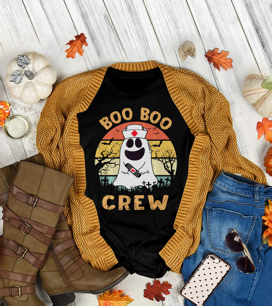 Vintage Halloween Boo Boo Crew Ghost Nurse With Bandage T-Shirt