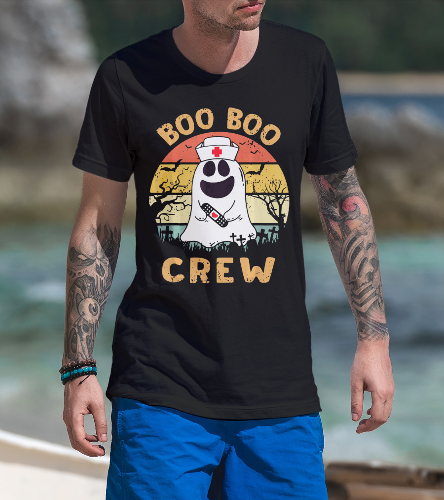 Vintage Halloween Boo Boo Crew Ghost Nurse With Bandage T-Shirt