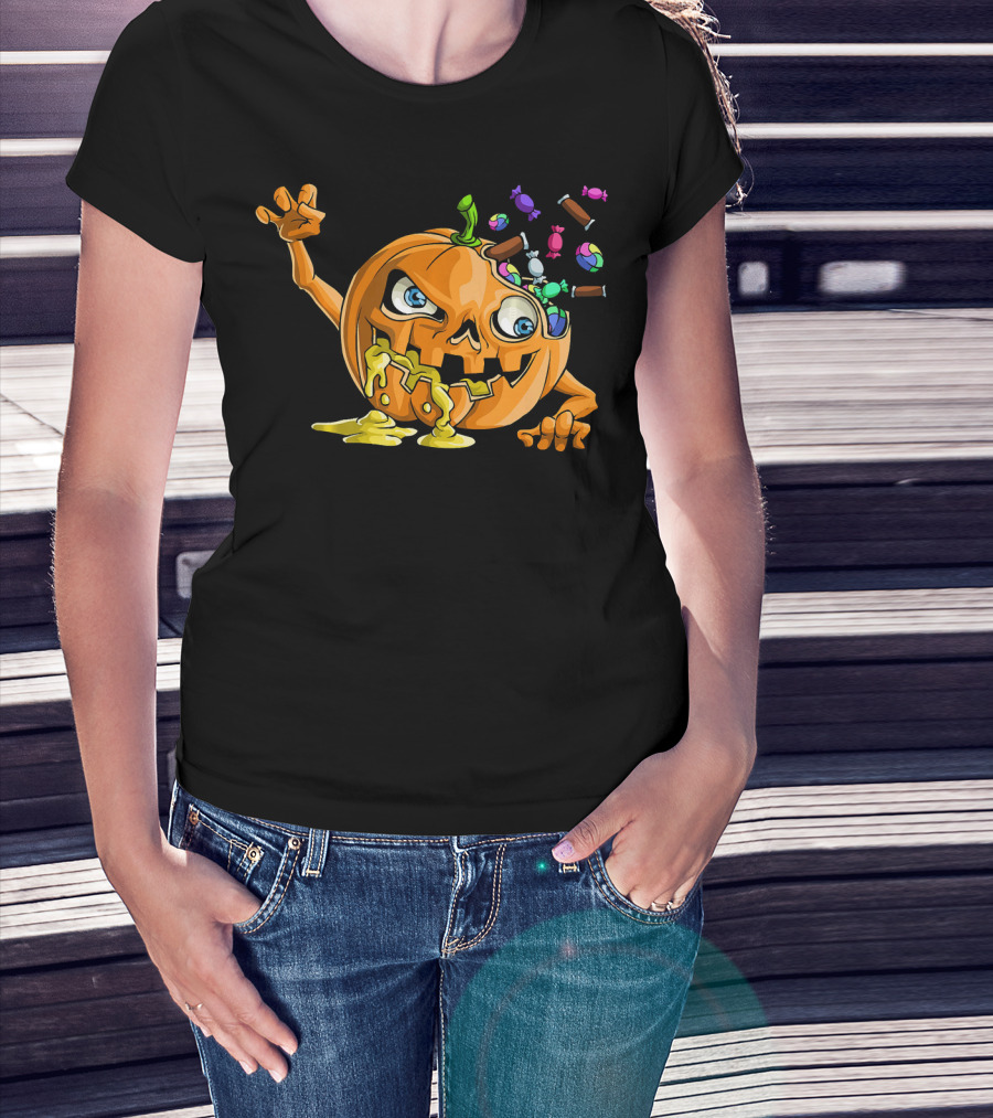 Zombie Pumpkin Funny Halloween Horror Scary Candy Explosion T-Shirt