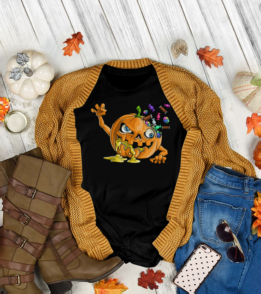 Zombie Pumpkin Funny Halloween Horror Scary Candy Explosion T-Shirt