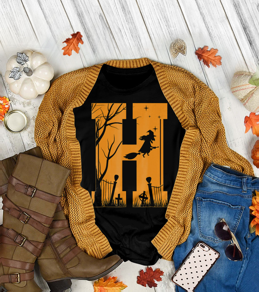 Letter H Halloween Witch Graveyard Scene T-Shirt