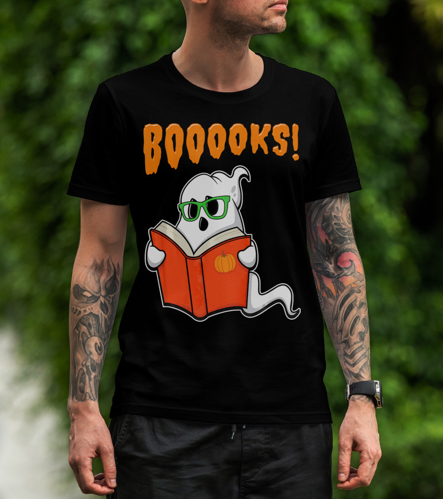 Booooks Ghost With Green Glasses And Pumpkin Book Funny Teacher Halloween T-Shirt