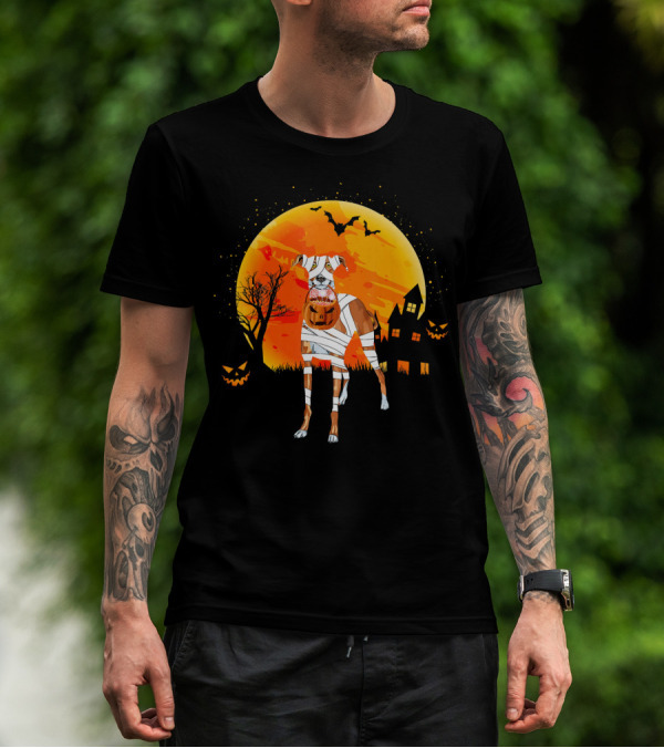 Greyhound Boo Halloween Dog Mummy With Pumpkin Against Full Moon And Haunted House T-Shirt