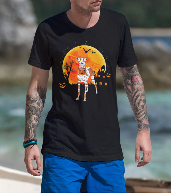 Greyhound Boo Halloween Dog Mummy With Pumpkin Against Full Moon And Haunted House T-Shirt