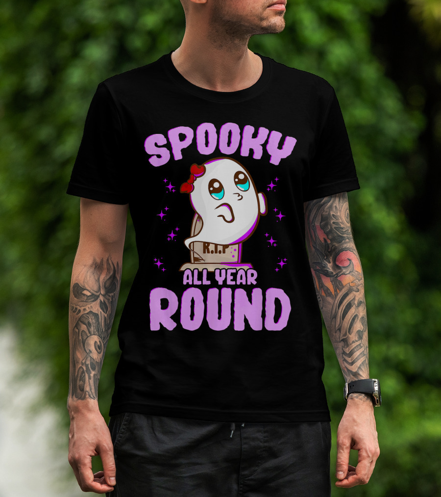 Spooky All Year Round Kawaii Ghost With Glittering Stars And Gravestone T-Shirt