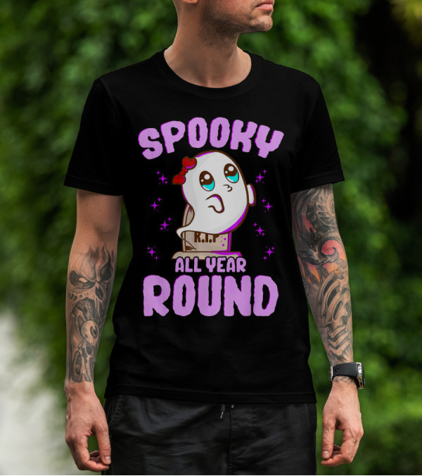 Spooky All Year Round Kawaii Ghost With Glittering Stars And Gravestone T-Shirt