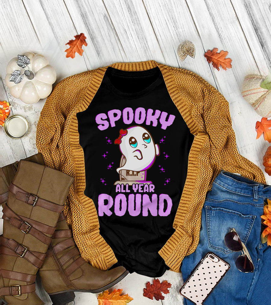 Spooky All Year Round Kawaii Ghost with Glittering Stars and Gravestone T-Shirt