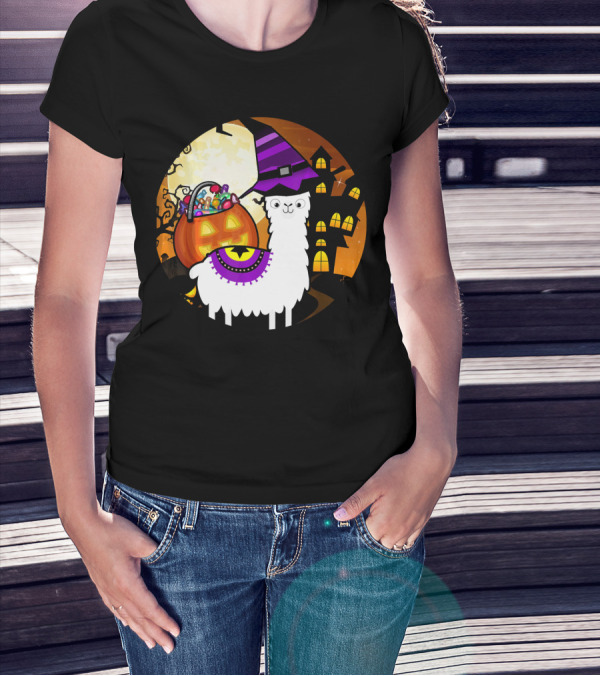 Halloween Llama Funny Alpaca With Witch Hat And Pumpkin House T-Shirt