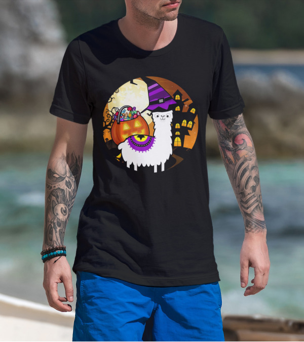 Halloween Llama Funny Alpaca With Witch Hat And Pumpkin House T-Shirt