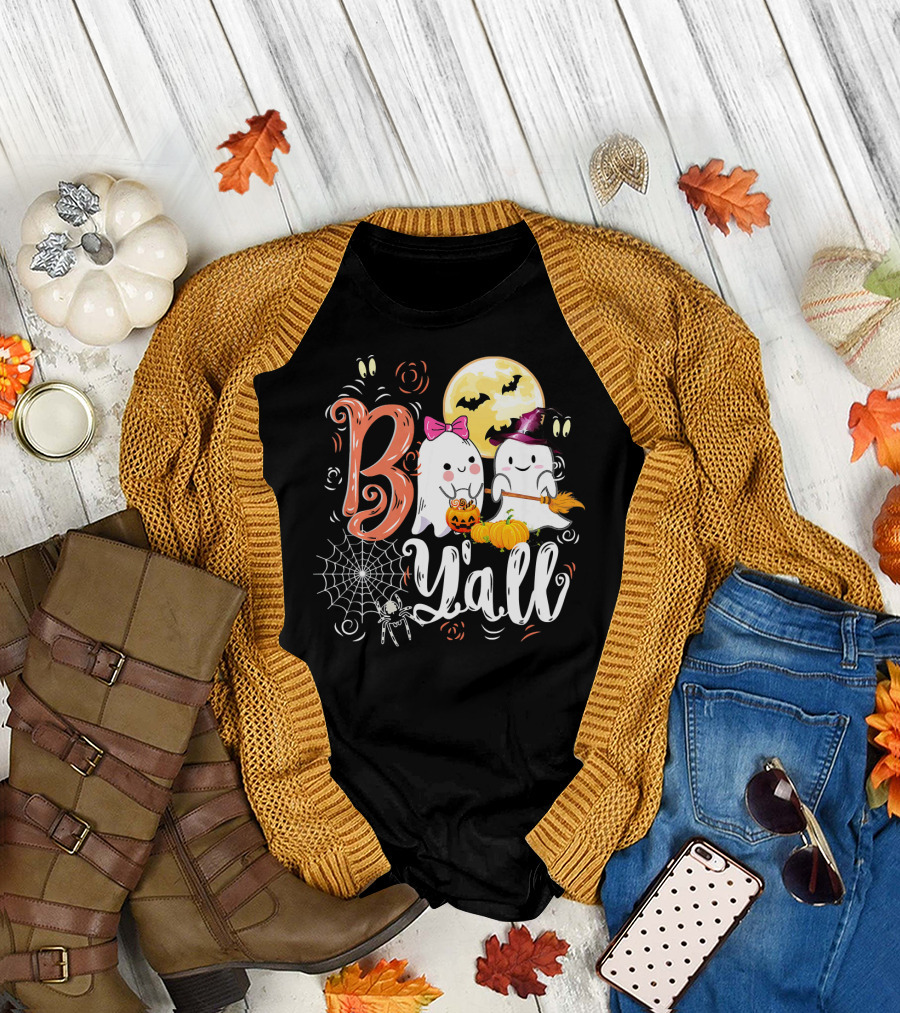 Boo Y’all Funny Ghosts with Pumpkin and Halloween Moon T-Shirt