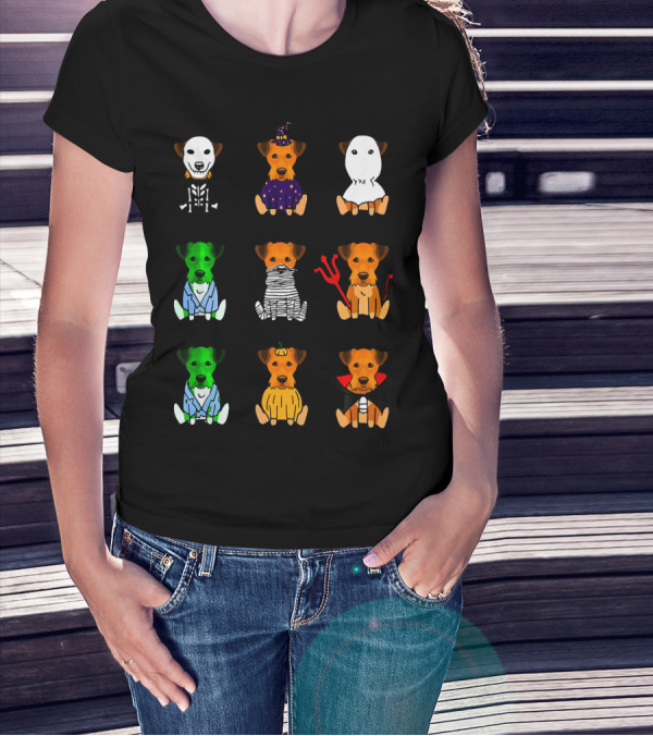 Airedale Terrier Halloween Costumes Skeleton Witch Ghost Zombie Mummy Devil Pumpkin Dracula T-Shirt