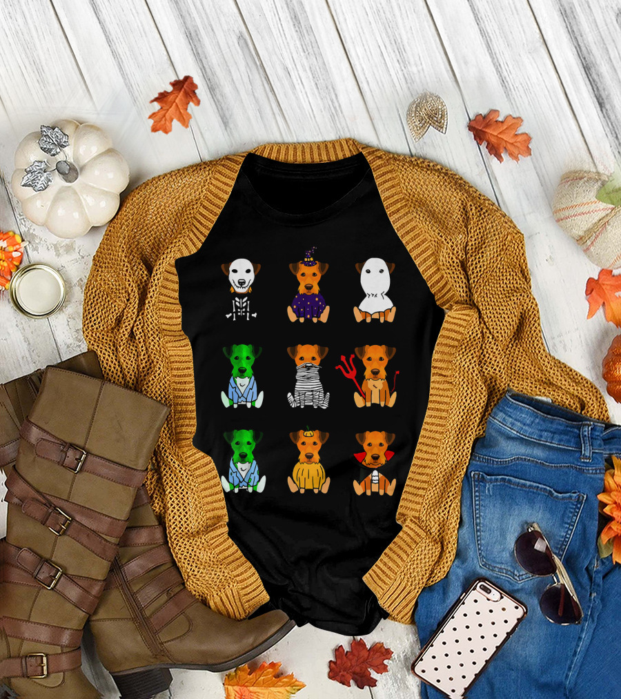 Airedale Terrier Halloween Costumes Skeleton Witch Ghost Zombie Mummy Devil Pumpkin Dracula T-Shirt