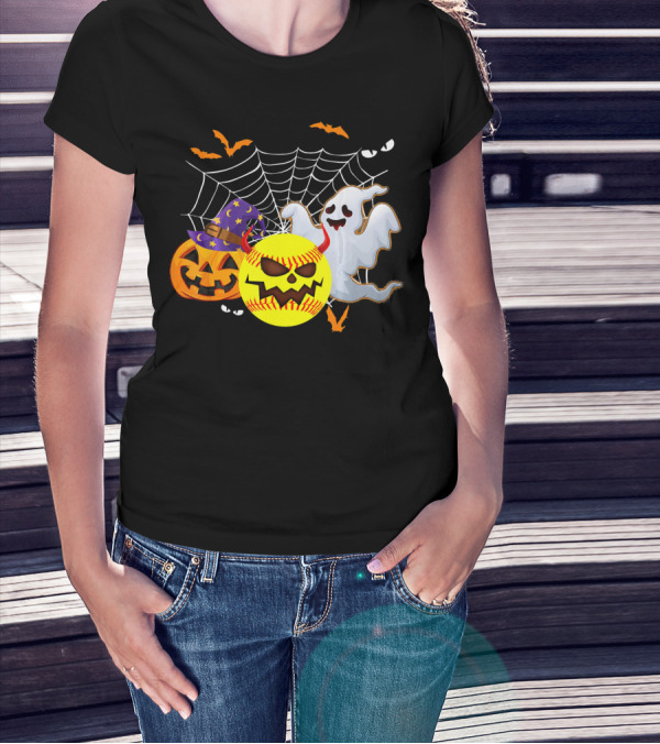 Halloween Softball Pumpkin Ghost Cobwebs And Bats Fun T-Shirt