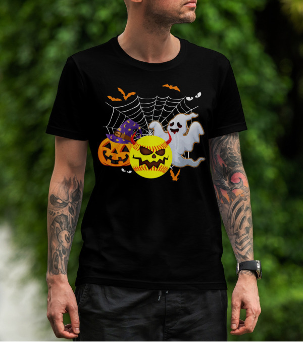 Halloween Softball Pumpkin Ghost Cobwebs And Bats Fun T-Shirt