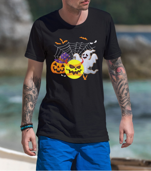 Halloween Softball Pumpkin Ghost Cobwebs And Bats Fun T-Shirt