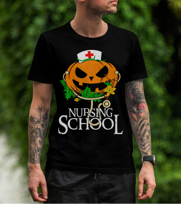 Nursing School Pumpkin With Stethoscope And Nurse Hat Jack-o'-Lantern T-Shirt