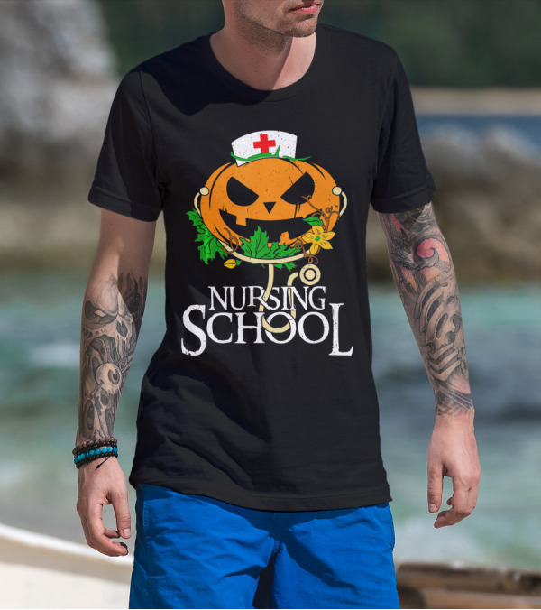 Nursing School Pumpkin With Stethoscope And Nurse Hat Jack-o'-Lantern T-Shirt
