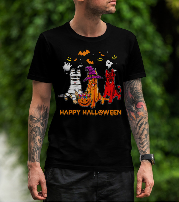 Happy Halloween Mummy Witch Devil Dogs With Ghosts And Bats T-Shirt
