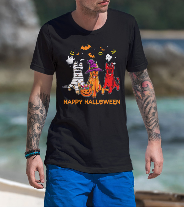 Happy Halloween Mummy Witch Devil Dogs With Ghosts And Bats T-Shirt