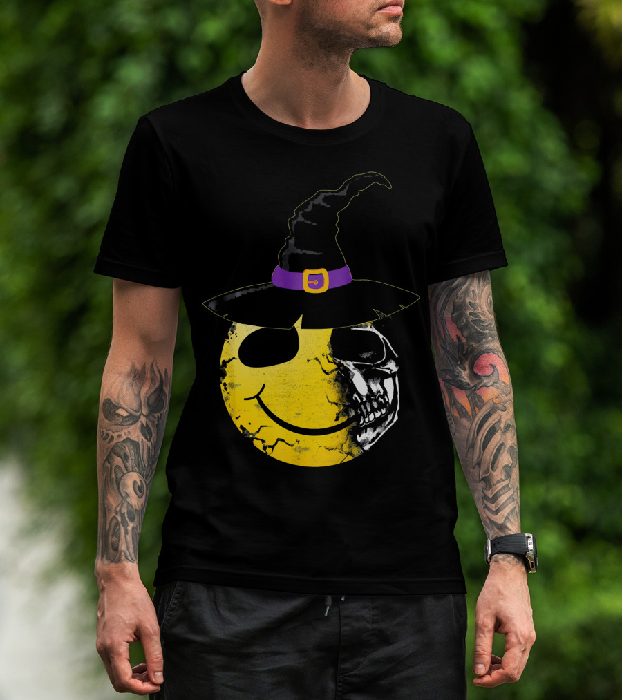 Halloween Witch Hat Smiley Half Skull Face T-Shirt