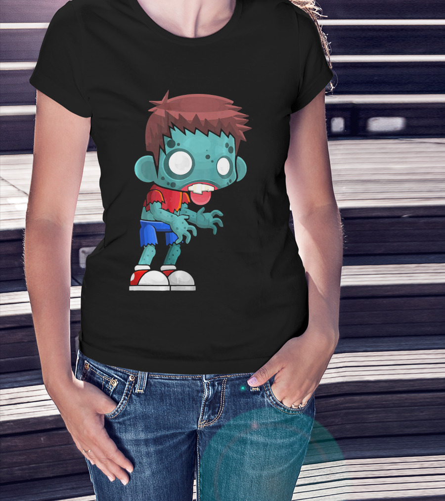 Zombie Boy Cartoon Character With Red Shirt And Blue Shorts T-Shirt