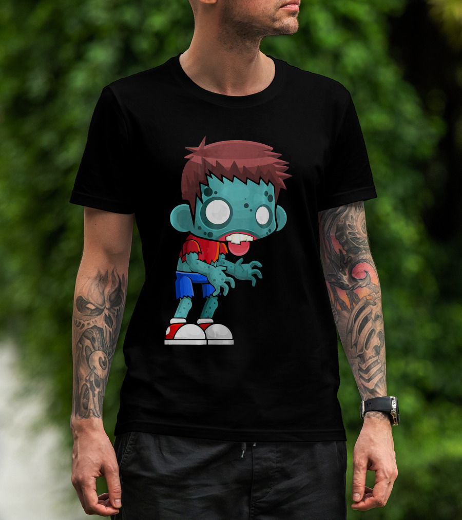 Zombie Boy Cartoon Character With Red Shirt And Blue Shorts T-Shirt