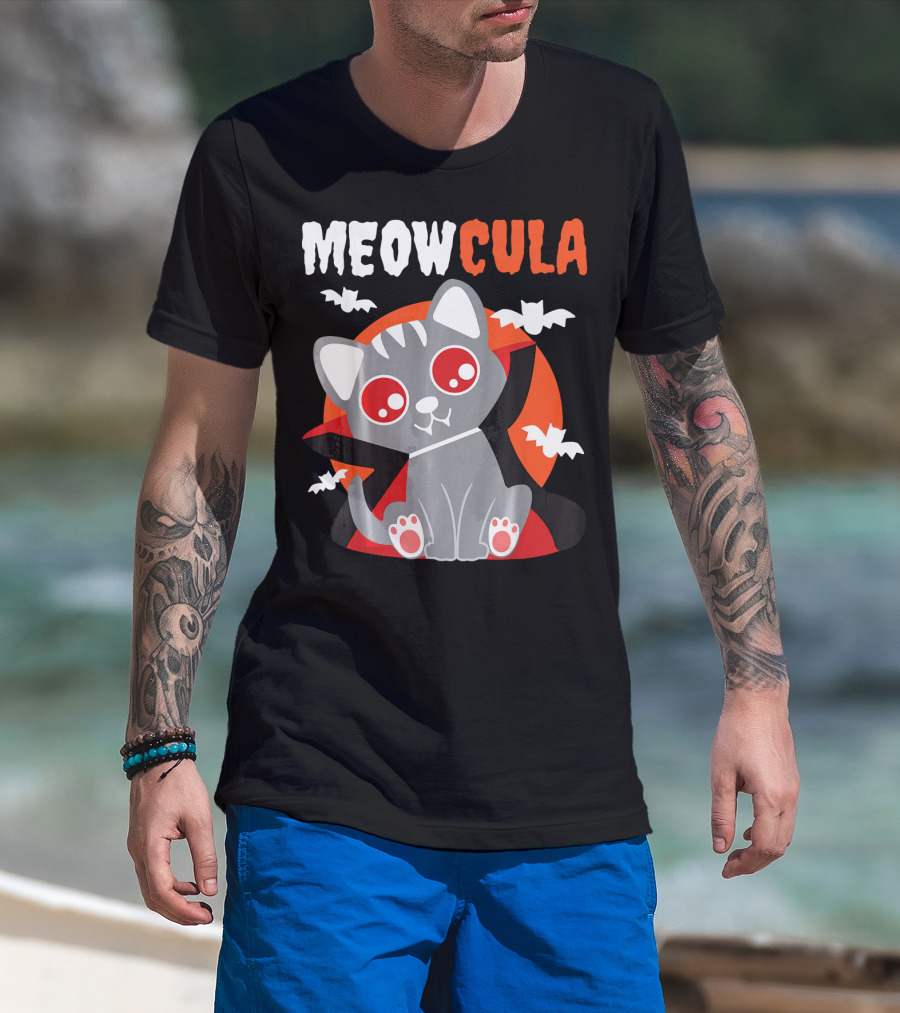 MEOWCULA Vampire Cat Halloween Dracula Bats T-Shirt