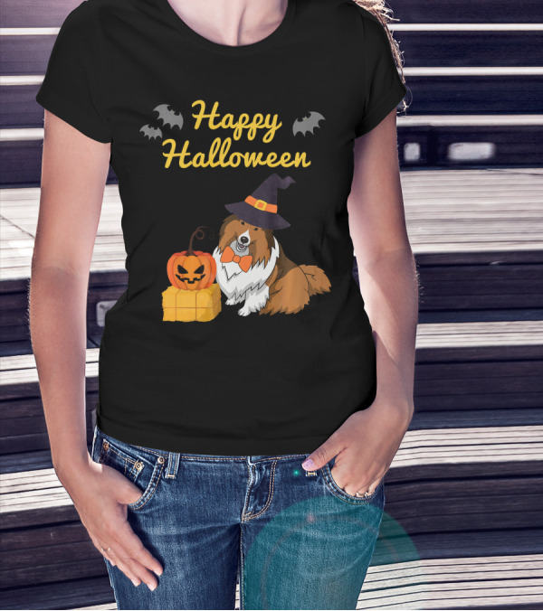 Happy Halloween Cute Sheltie With Witch Hat Pumpkins And Bats T-Shirt