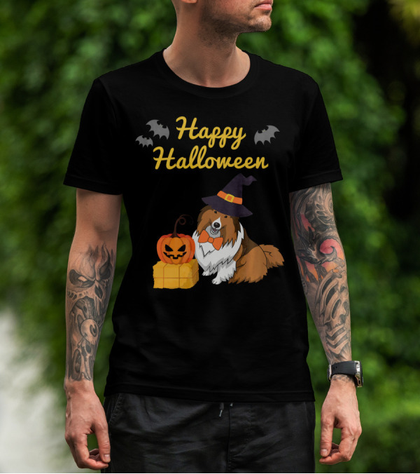 Happy Halloween Cute Sheltie With Witch Hat Pumpkins And Bats T-Shirt