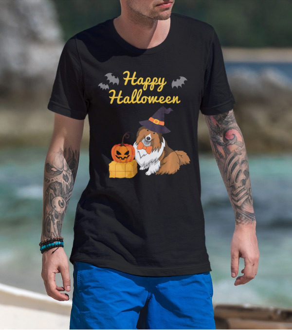 Happy Halloween Cute Sheltie With Witch Hat Pumpkins And Bats T-Shirt