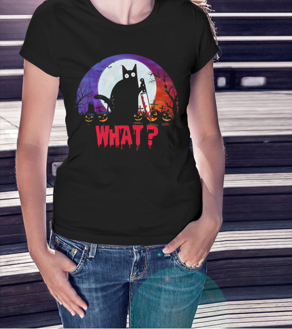 What Murderous Black Cat With Knife Halloween Moon Tombstones Pumpkins T-Shirt
