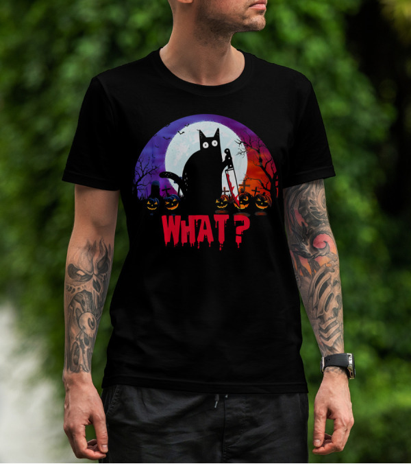 What Murderous Black Cat With Knife Halloween Moon Tombstones Pumpkins T-Shirt